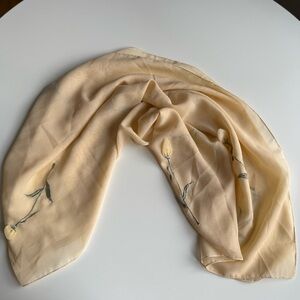 Vintage Scarf 3D Floral Appliqué Embellished Flowers Soft Cream Beige Sheer 70"
